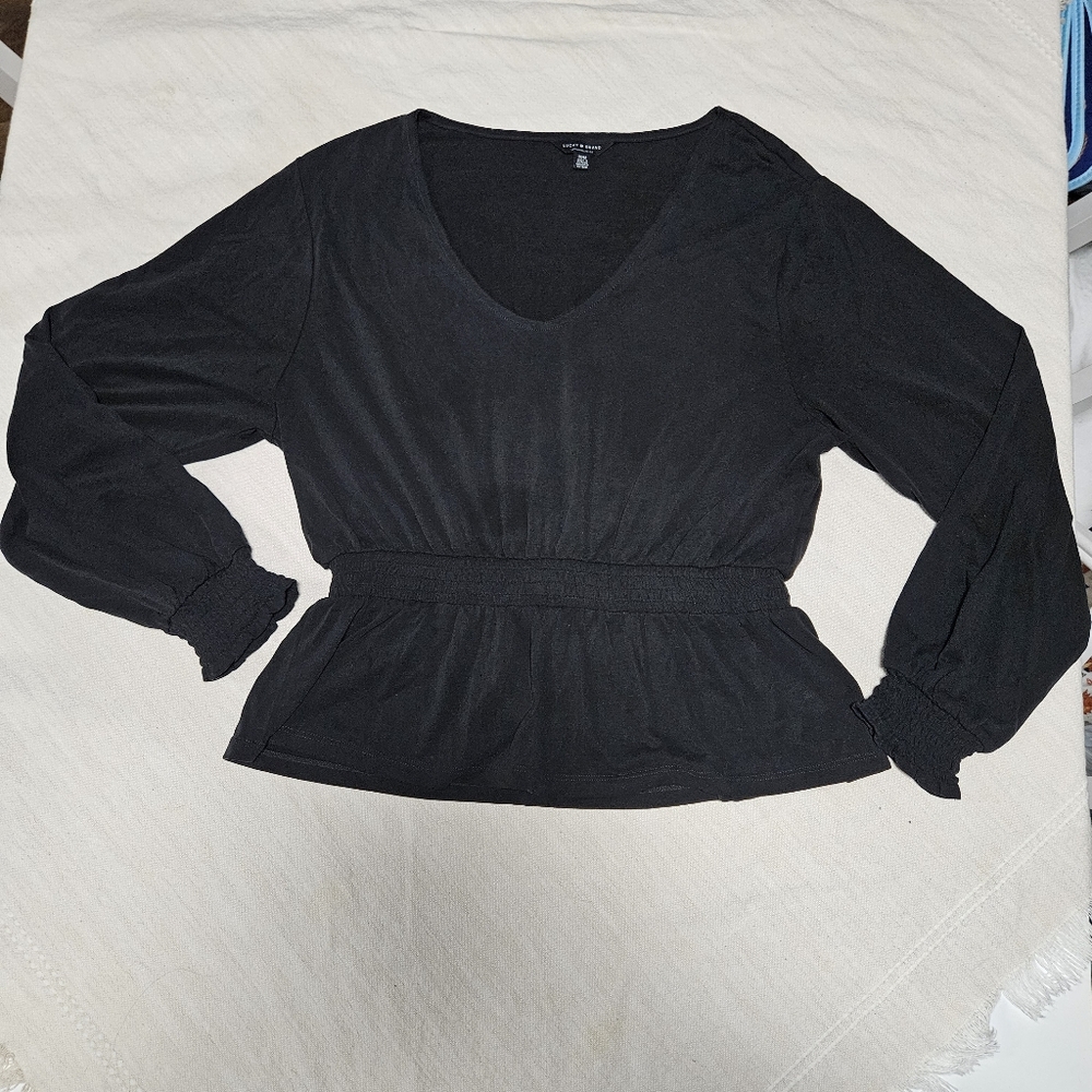 Lucky Brand Black Smocked Modal Blend Peplum Long Sleeve Top V Neck Size M Boho